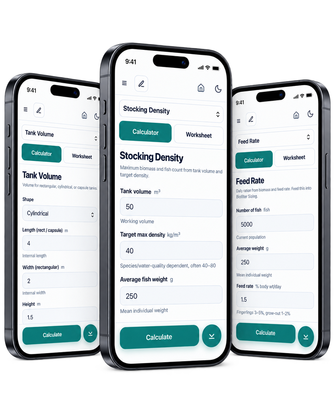 AquaNetica IQ Tank Volume, Stocking Density and Feed Rate calculators shown on three phones